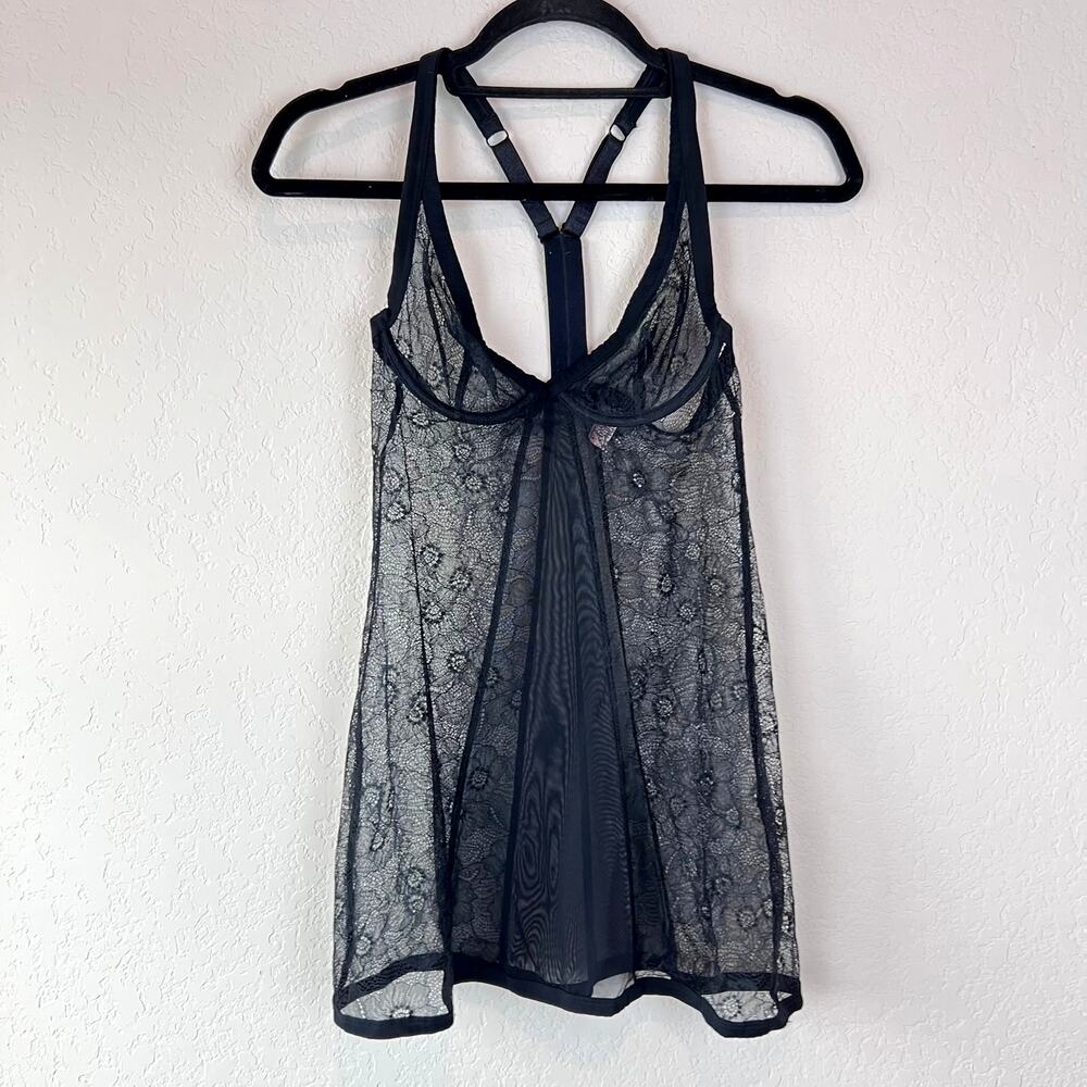 Vintage Y2K Victoria's Secret Sheer Mesh Lace Lingerie Slip Dress Small Black